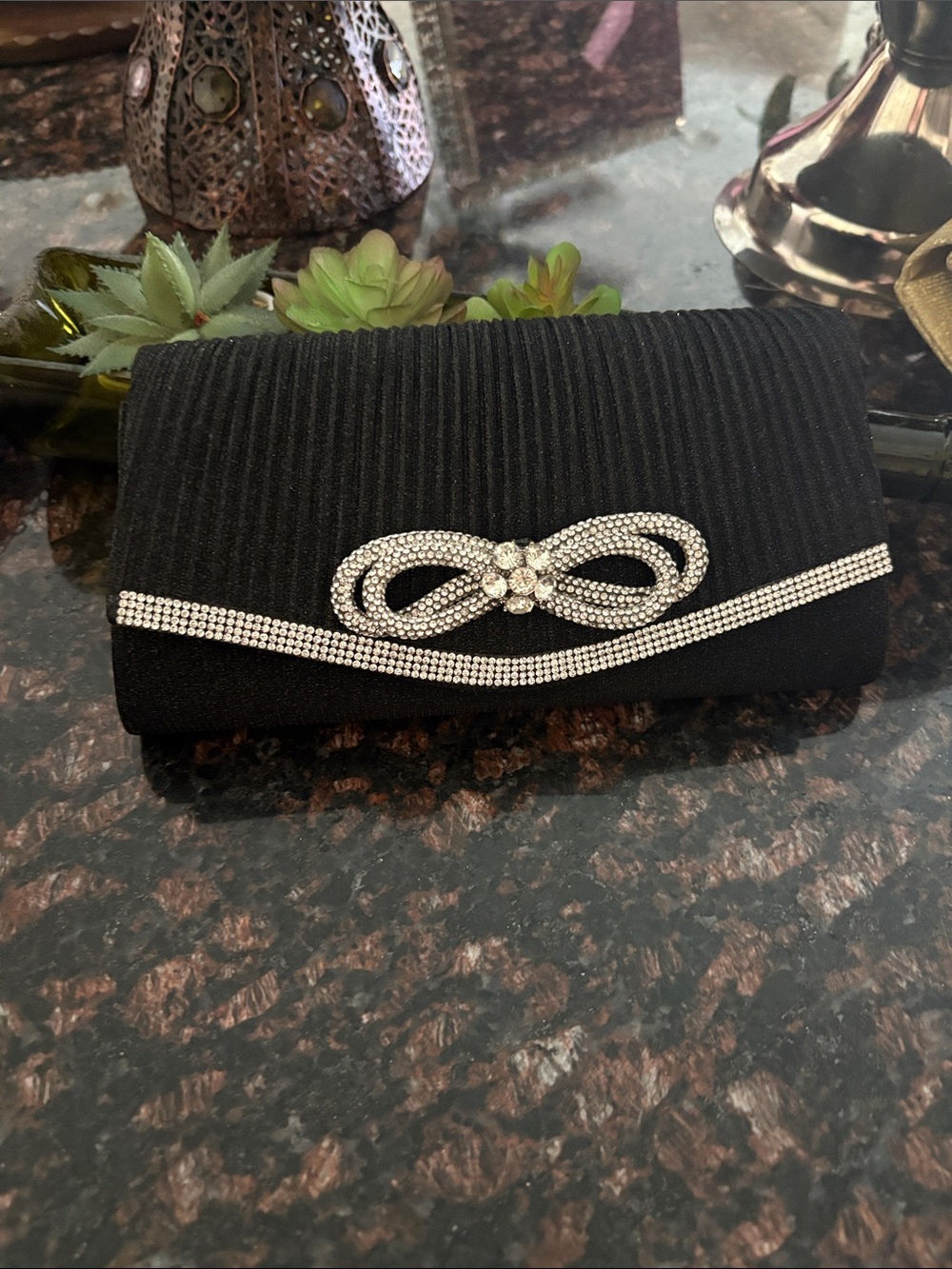 Elegant Black Evening Clutch with Crystal Bow Accent